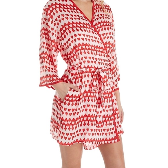 KATE SPADE Heart Print Kimono Chiffon Robe Red Belted Size L/XL - Picture 1 of 10